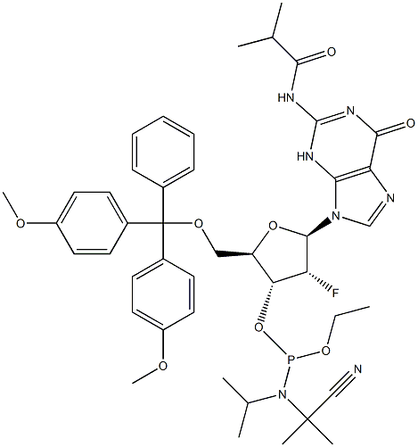 5'-O-[Bis(4-methoxyphenyl)phenylmethyl]-2'-deoxy-2'-fluoro-N-(2-methyl-1-oxopropyl)guanosine 3'-[2-cyanoethyl N,N-bis( 1-मिथिलेथाइल)फॉस्फोरामिडाइट]