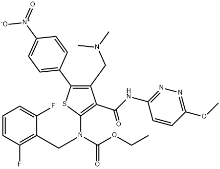 कार्बामिक ऍसिड, N-[(2,6-डिफ्लुओरोफेनिल)मिथाइल]-N-[4-[(डायमेथिलामिनो)मिथाइल]-3-[[(6-मेथॉक्सी-3-पायरिडाझिनिल)एमिनो]कार्बोनिल]-5-(4 -नायट्रोफेनिल)-2-थिएनिल]-, इथाइल एस्टर